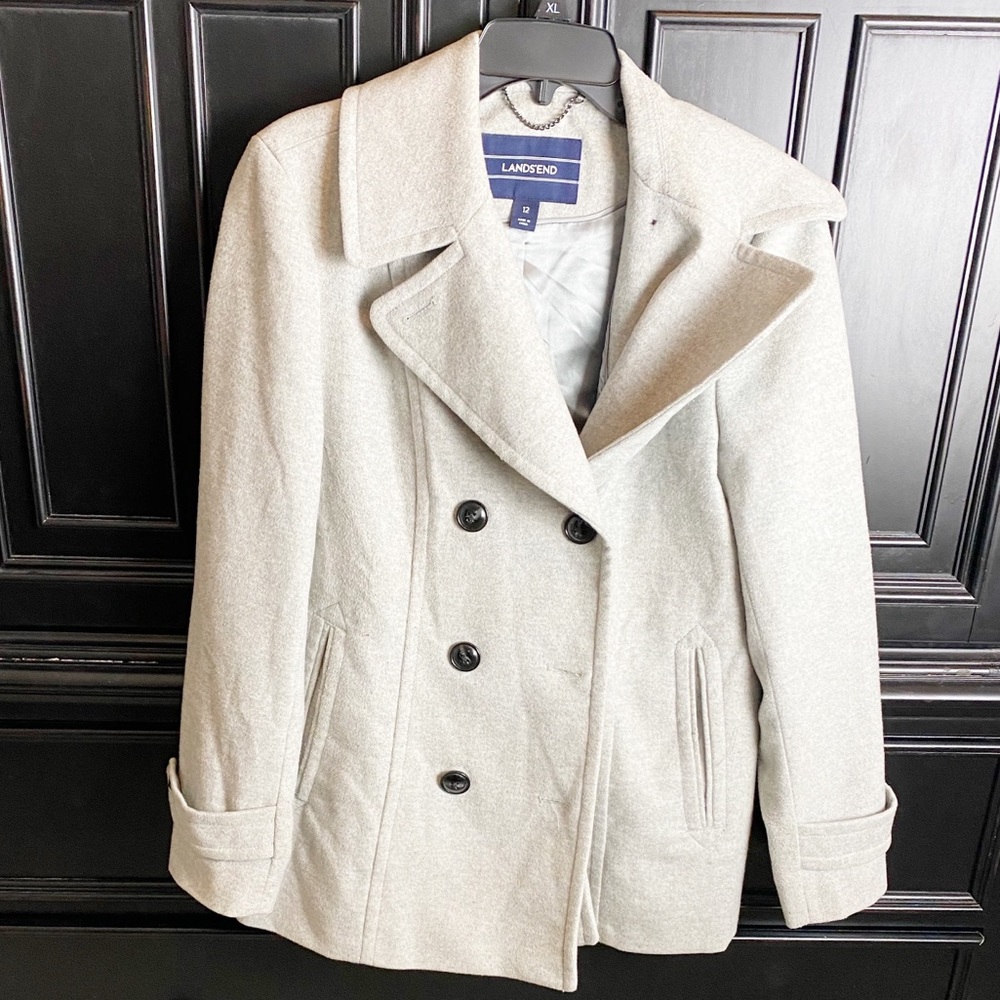 Lands End Gray Structured Pea Coat Jacket 12